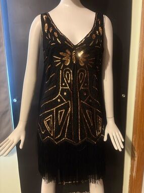 Black Mini Dress with Gold Sequin Art Deco Motif